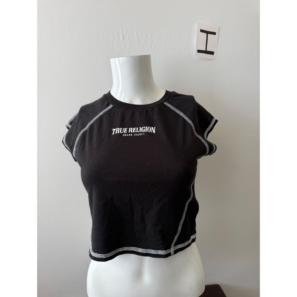 Y2K True Religion Shirt Crop Top Contrast Stitch Black Small
